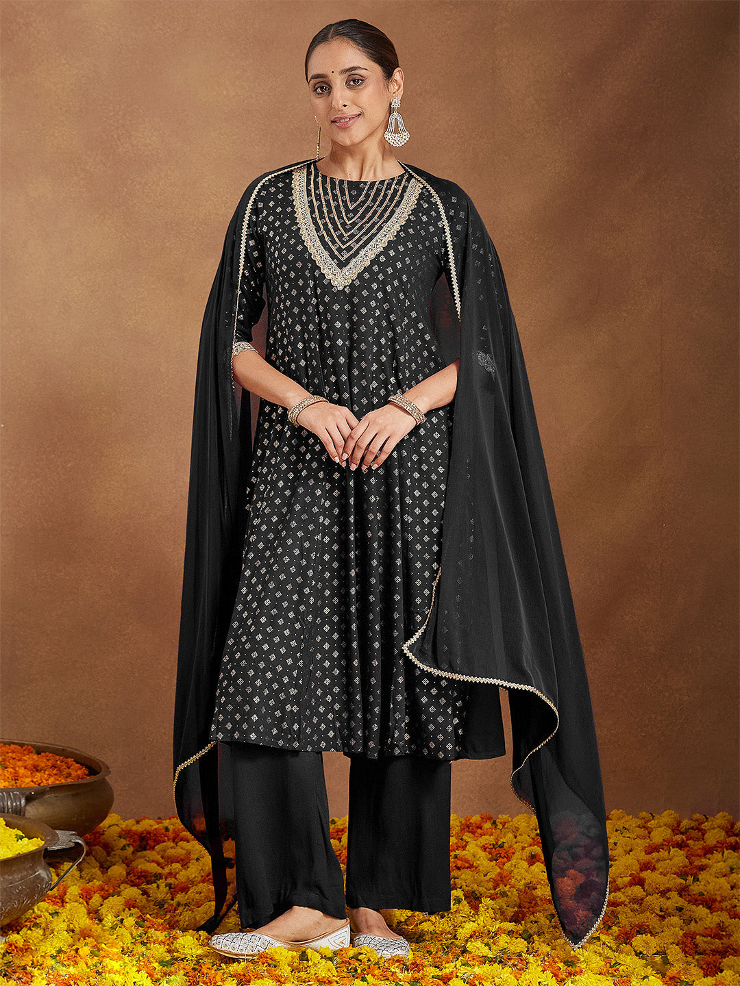 Women's Black Rayon Foil Print & Embellished Anarkali Kurta Set
