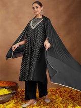 Women's Black Rayon Foil Print & Embellished Anarkali Kurta Set