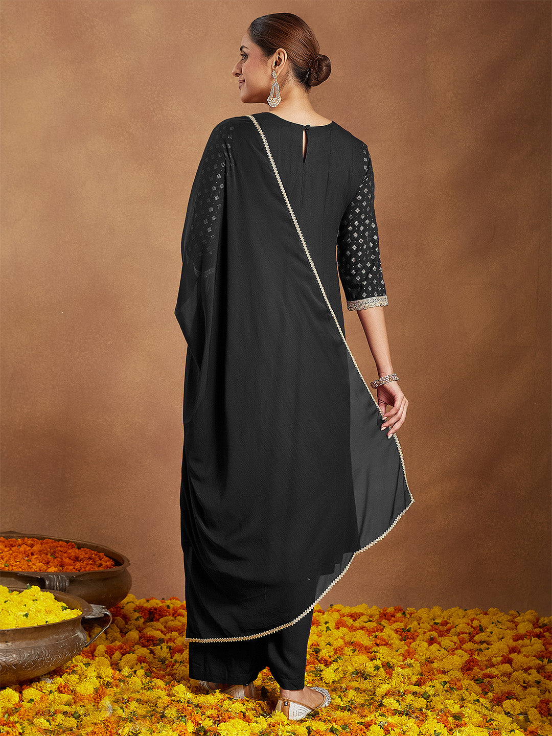 Women's Black Rayon Foil Print & Embellished Anarkali Kurta Set