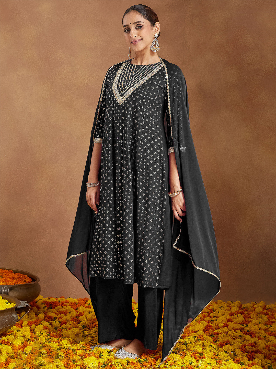 Women's Black Rayon Foil Print & Embellished Anarkali Kurta Set
