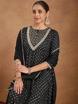 Women's Black Rayon Foil Print & Embellished Anarkali Kurta Set