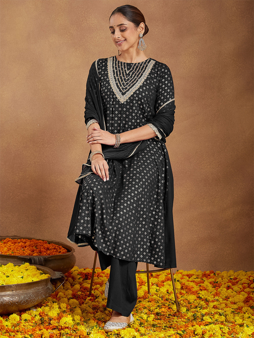 Women's Black Rayon Foil Print & Embellished Anarkali Kurta Set
