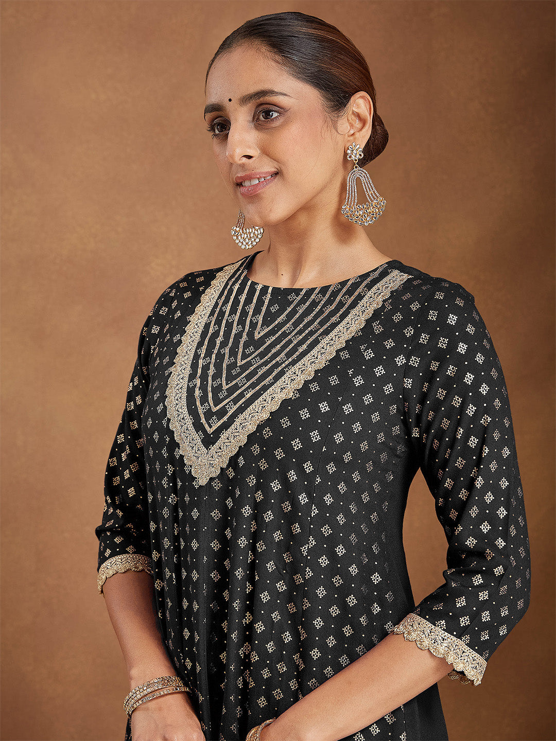 Women's Black Rayon Foil Print & Embellished Anarkali Kurta Set