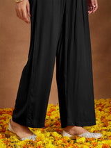 Women's Black Rayon Foil Print & Embellished Anarkali Kurta Set