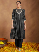 Women's Black Rayon Foil Print & Embellished Anarkali Kurta Set