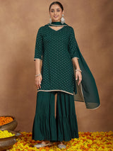 Women's Dark Green Rayon Embellished Foil Printed Kurta With Sharara & Dupatta Set