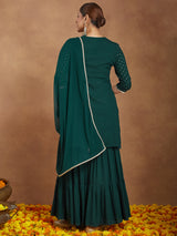 Women's Dark Green Rayon Embellished Foil Printed Kurta With Sharara & Dupatta Set