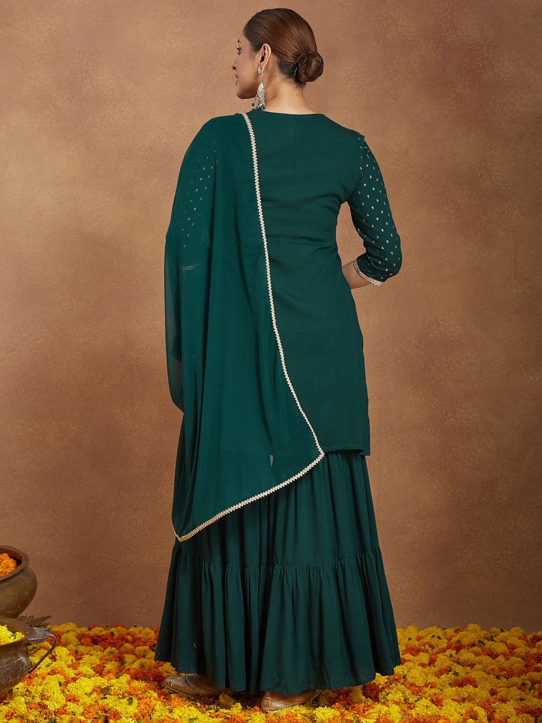 Women's Dark Green Rayon Embellished Foil Printed Kurta With Sharara & Dupatta Set