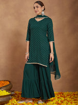 Women's Dark Green Rayon Embellished Foil Printed Kurta With Sharara & Dupatta Set