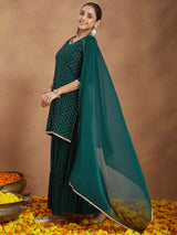 Women's Dark Green Rayon Embellished Foil Printed Kurta With Sharara & Dupatta Set