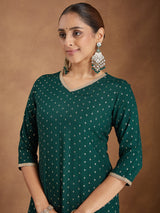 Women's Dark Green Rayon Embellished Foil Printed Kurta With Sharara & Dupatta Set