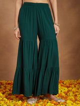 Women's Dark Green Rayon Embellished Foil Printed Kurta With Sharara & Dupatta Set