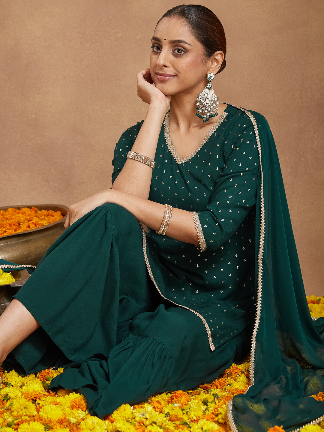 Women's Dark Green Rayon Embellished Foil Printed Kurta With Sharara & Dupatta Set