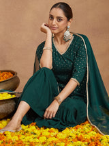 Women's Dark Green Rayon Embellished Foil Printed Kurta With Sharara & Dupatta Set