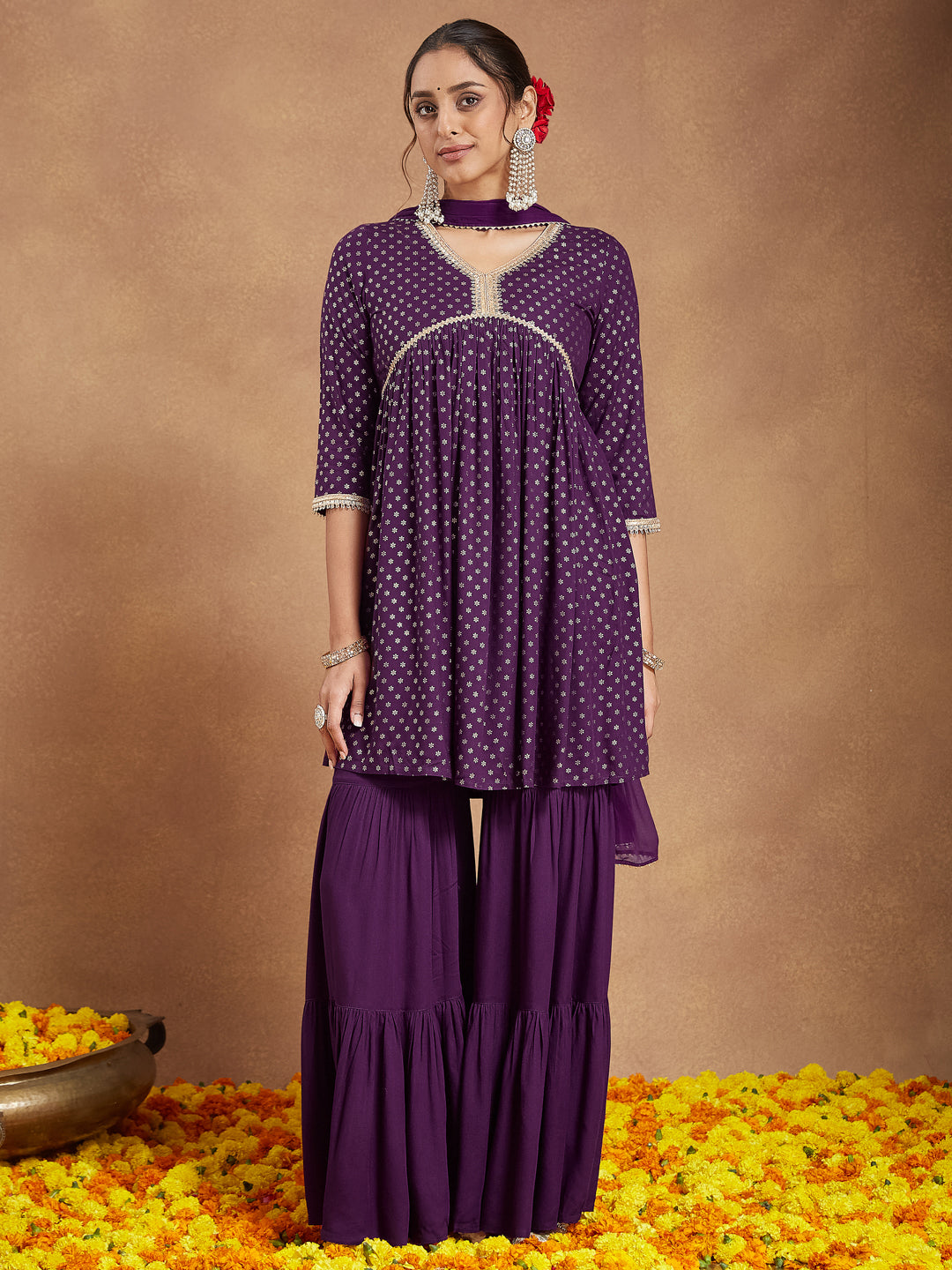 Women's Purple Rayon Gold Printed A-line Kurta With Sharara & Dupatta Set