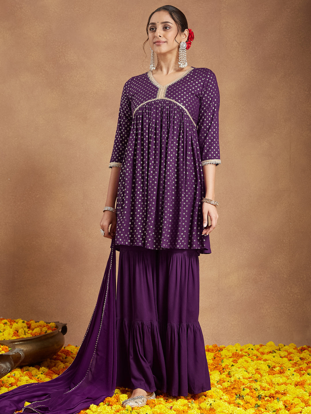 Women's Purple Rayon Gold Printed A-line Kurta With Sharara & Dupatta Set