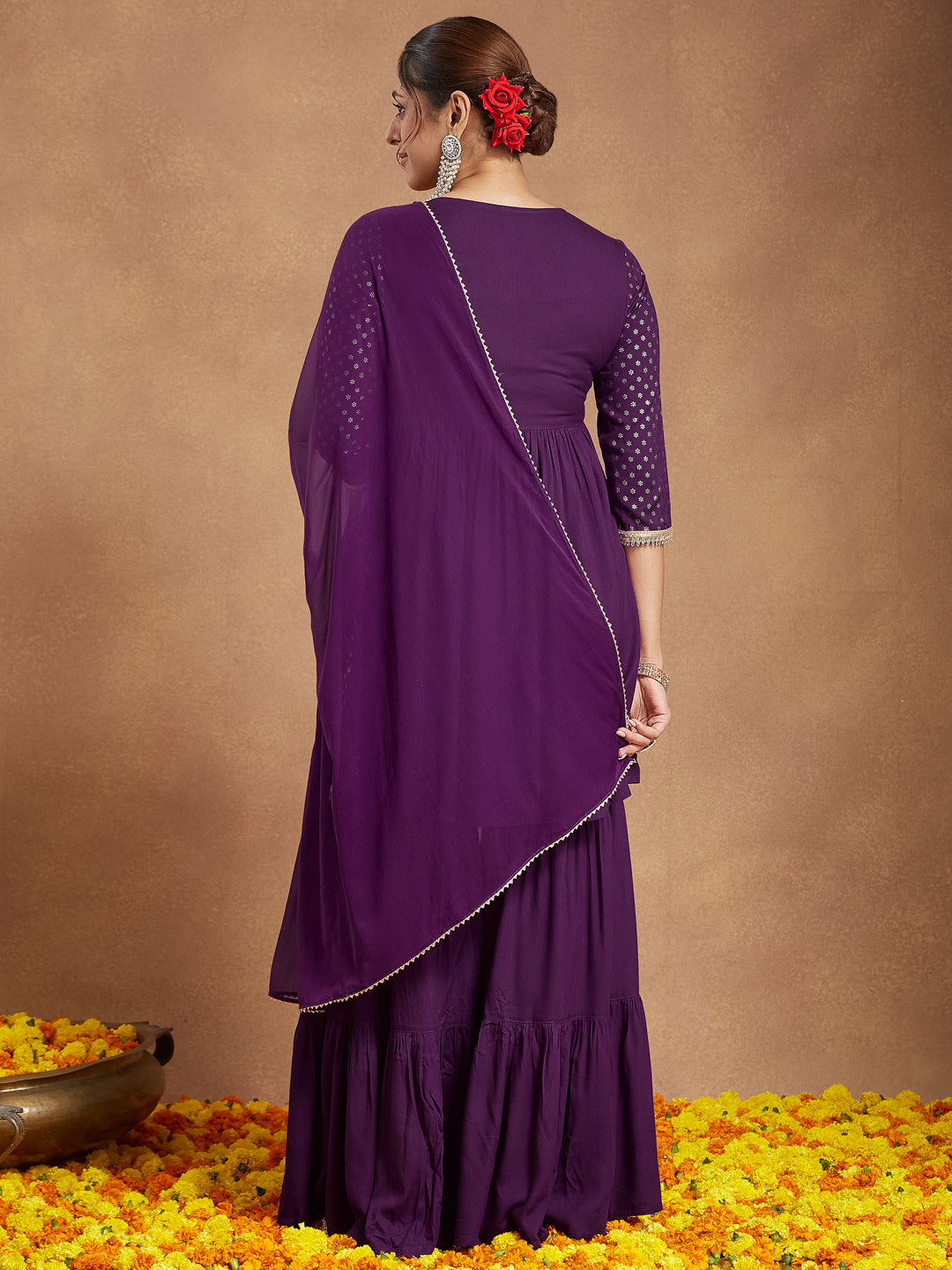 Women's Purple Rayon Gold Printed A-line Kurta With Sharara & Dupatta Set