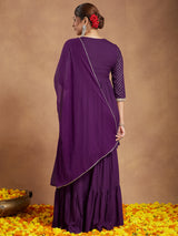 Women's Purple Rayon Gold Printed A-line Kurta With Sharara & Dupatta Set