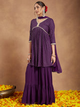 Women's Purple Rayon Gold Printed A-line Kurta With Sharara & Dupatta Set