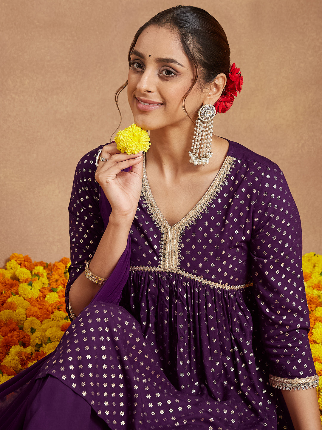 Women's Purple Rayon Gold Printed A-line Kurta With Sharara & Dupatta Set