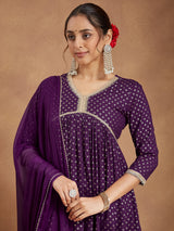 Women's Purple Rayon Gold Printed A-line Kurta With Sharara & Dupatta Set