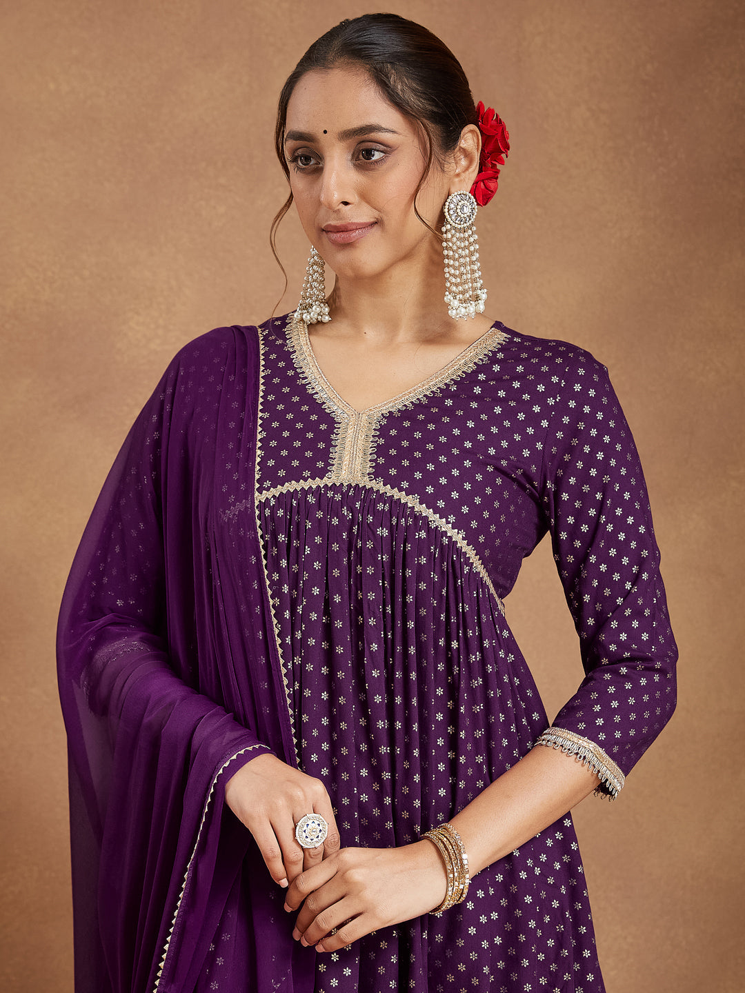 Women's Purple Rayon Gold Printed A-line Kurta With Sharara & Dupatta Set