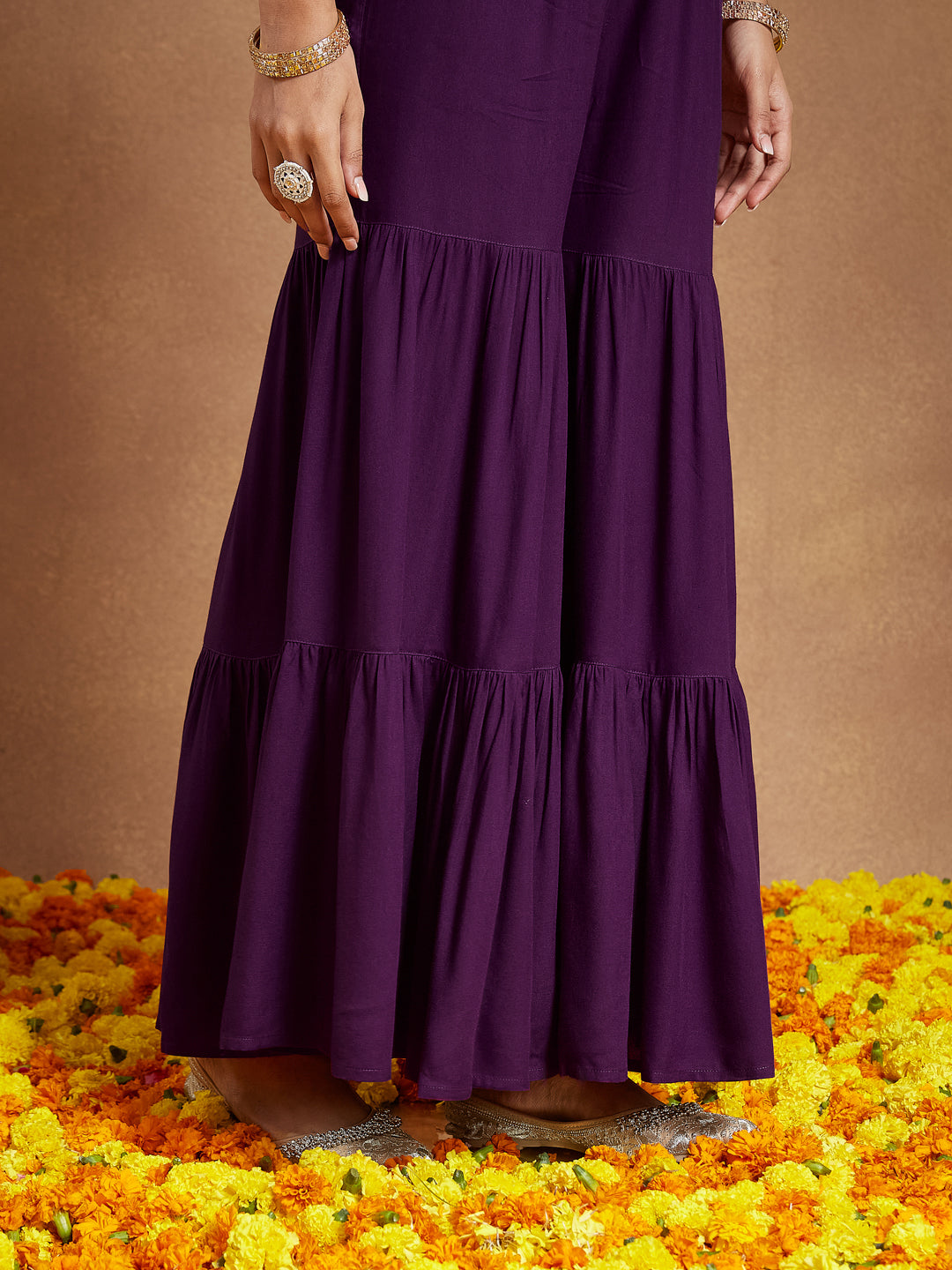 Women's Purple Rayon Gold Printed A-line Kurta With Sharara & Dupatta Set