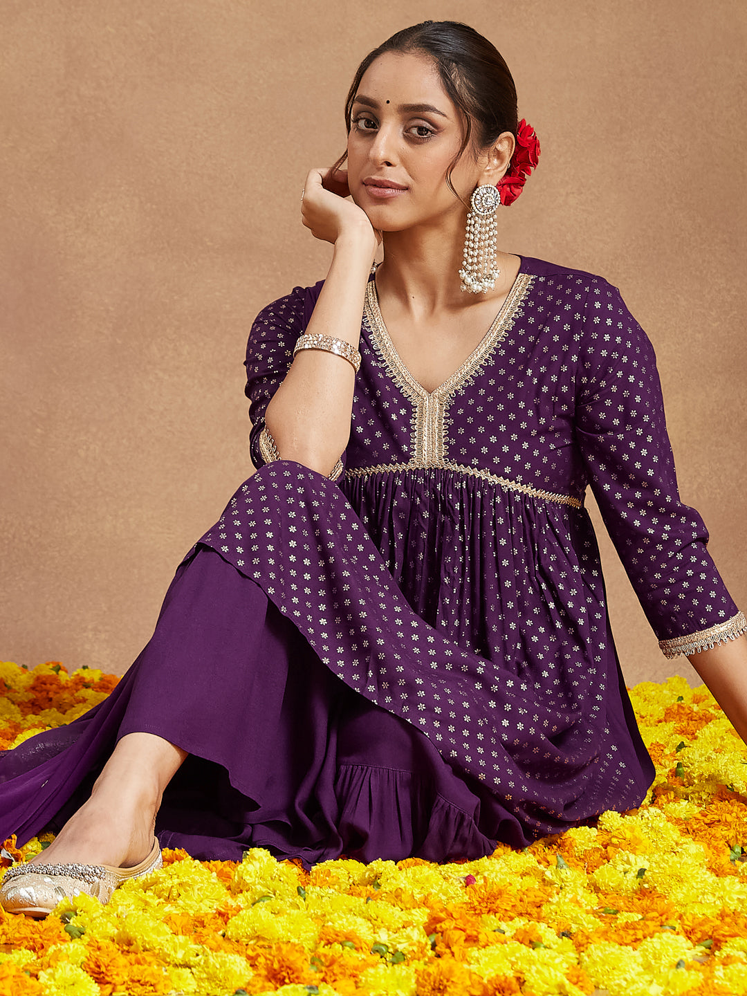 Women's Purple Rayon Gold Printed A-line Kurta With Sharara & Dupatta Set