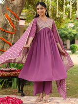 Women's Lavender Georgette Embellished A-line Kurta With Palazzo & Dupatta Set