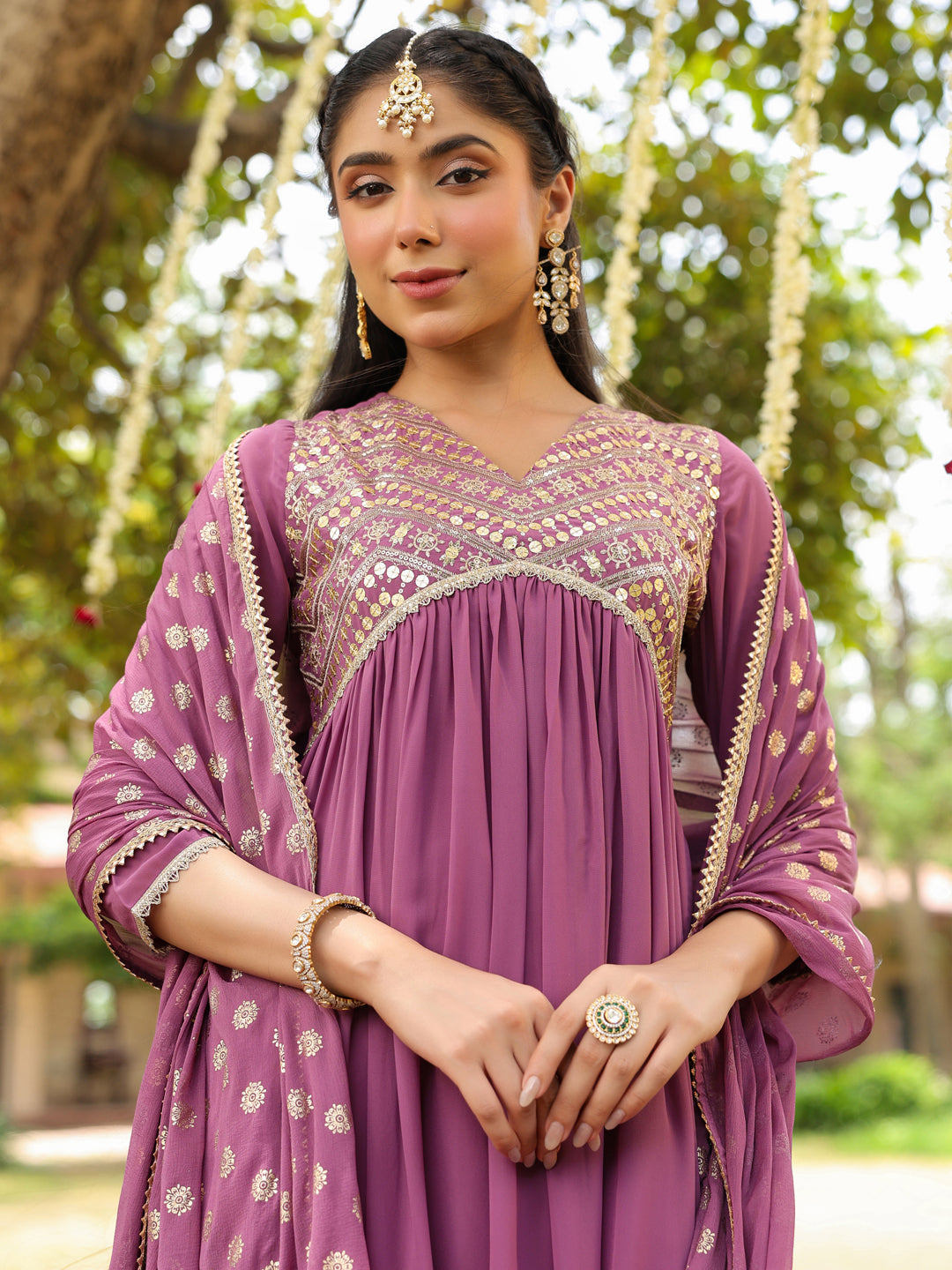 Women's Lavender Georgette Embellished A-line Kurta With Palazzo & Dupatta Set