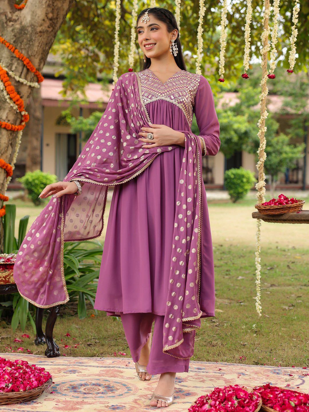 Women's Lavender Georgette Embellished A-line Kurta With Palazzo & Dupatta Set