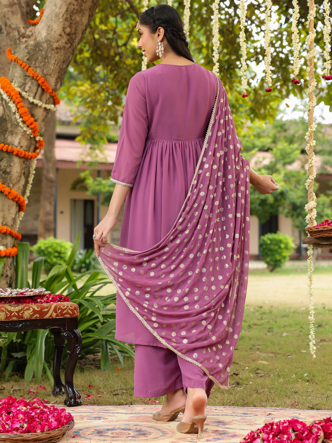 Women's Lavender Georgette Embellished A-line Kurta With Palazzo & Dupatta Set