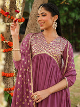 Women's Lavender Georgette Embellished A-line Kurta With Palazzo & Dupatta Set