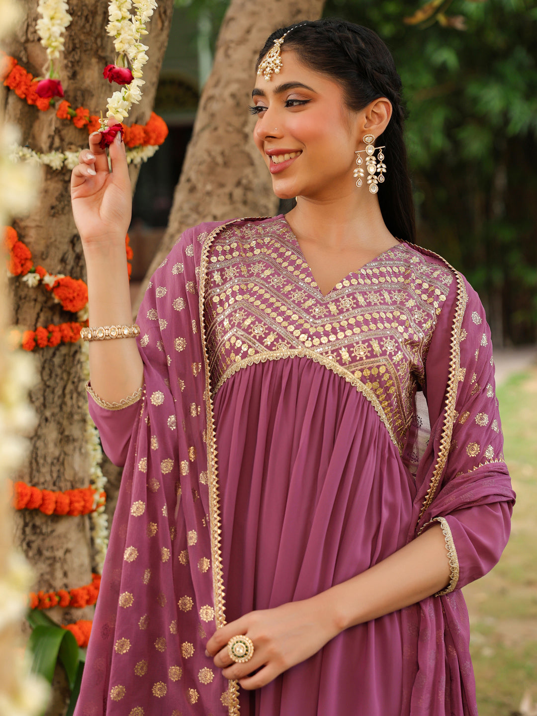 Women's Lavender Georgette Embellished A-line Kurta With Palazzo & Dupatta Set
