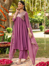 Women's Lavender Georgette Embellished A-line Kurta With Palazzo & Dupatta Set