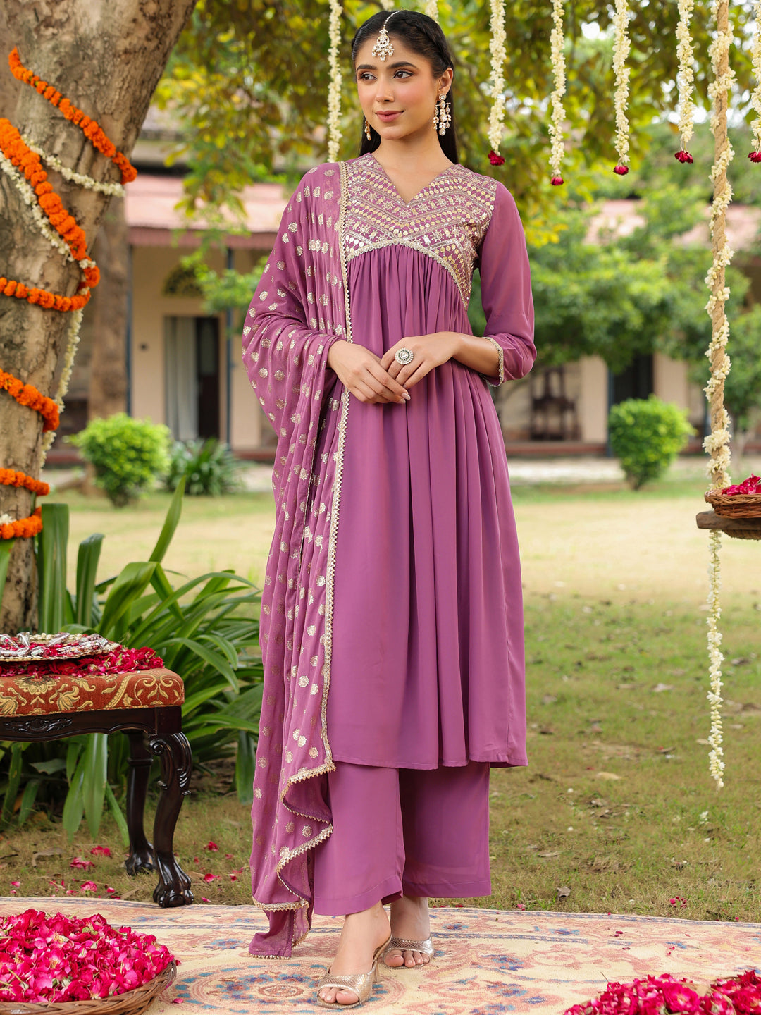 Women's Lavender Georgette Embellished A-line Kurta With Palazzo & Dupatta Set