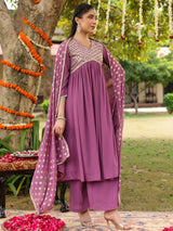 Women's Lavender Georgette Embellished A-line Kurta With Palazzo & Dupatta Set