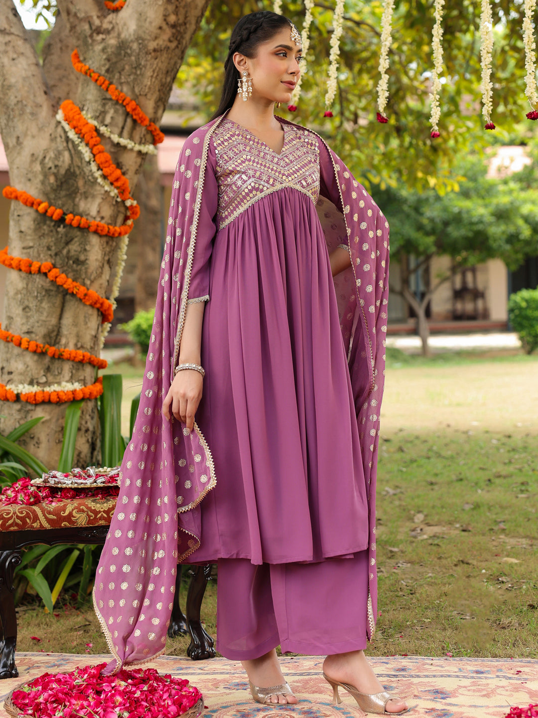 Women's Lavender Georgette Embellished A-line Kurta With Palazzo & Dupatta Set