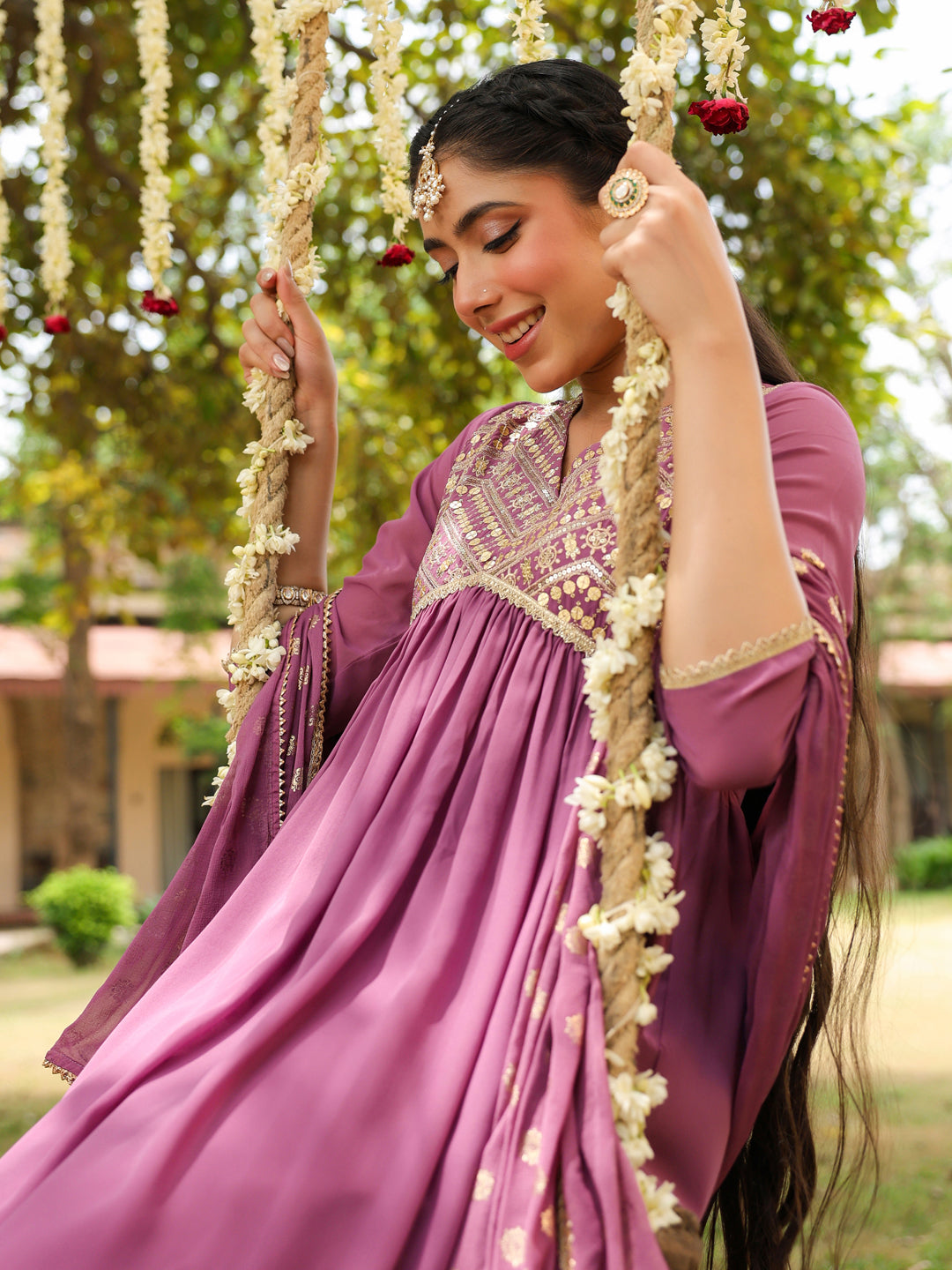 Women's Lavender Georgette Embellished A-line Kurta With Palazzo & Dupatta Set