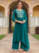 Women's Teal Green Georgette Embroidered A-line Kurta With Palazzo Dupatta Set