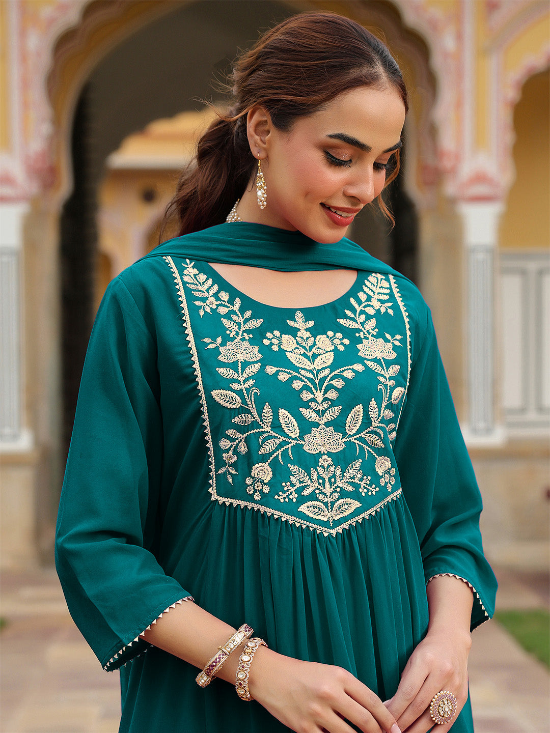 Women's Teal Green Georgette Embroidered A-line Kurta With Palazzo Dupatta Set