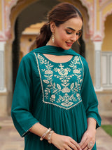Women's Teal Green Georgette Embroidered A-line Kurta With Palazzo Dupatta Set