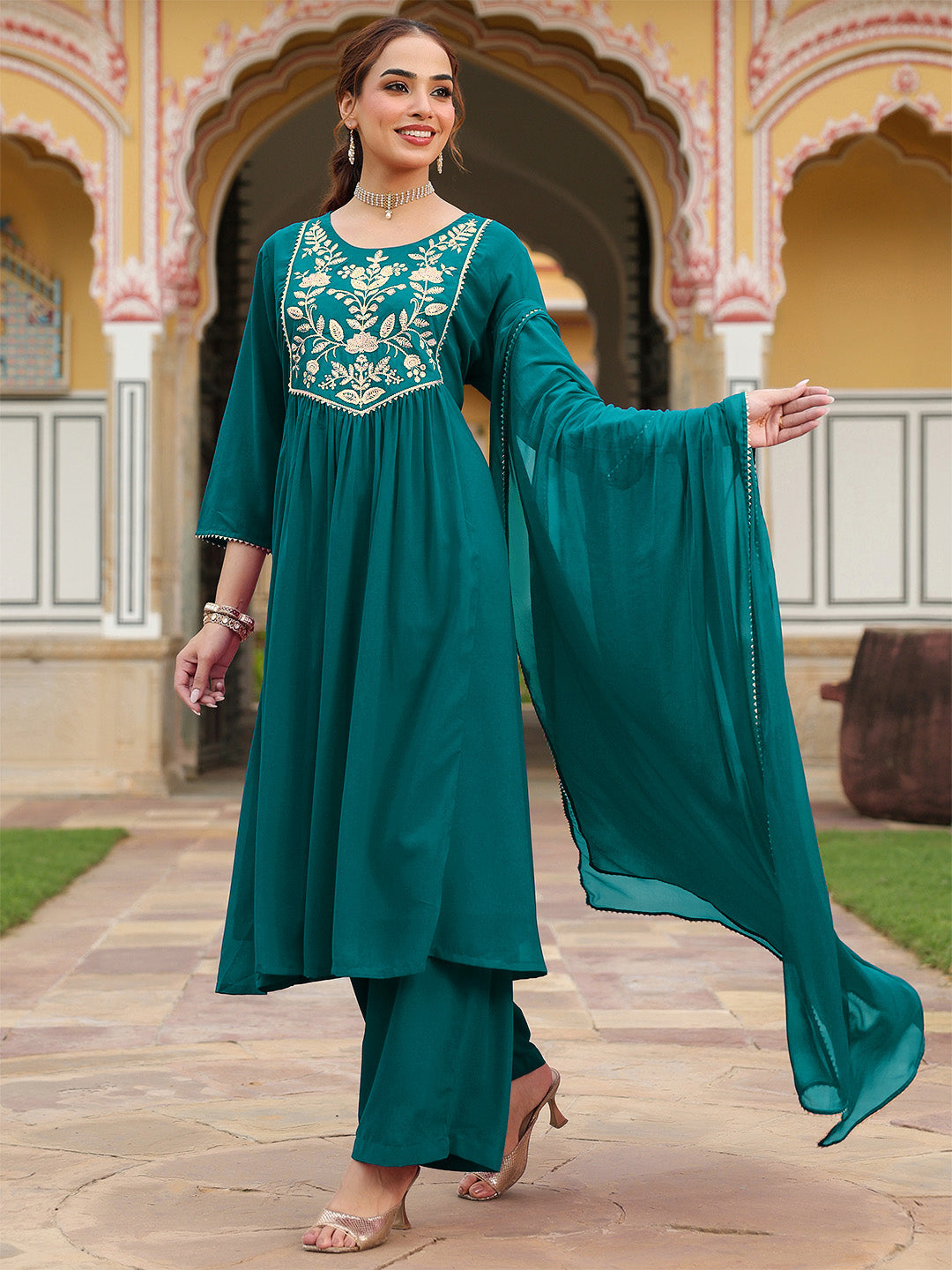 Women's Teal Green Georgette Embroidered A-line Kurta With Palazzo Dupatta Set