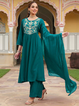 Women's Teal Green Georgette Embroidered A-line Kurta With Palazzo Dupatta Set