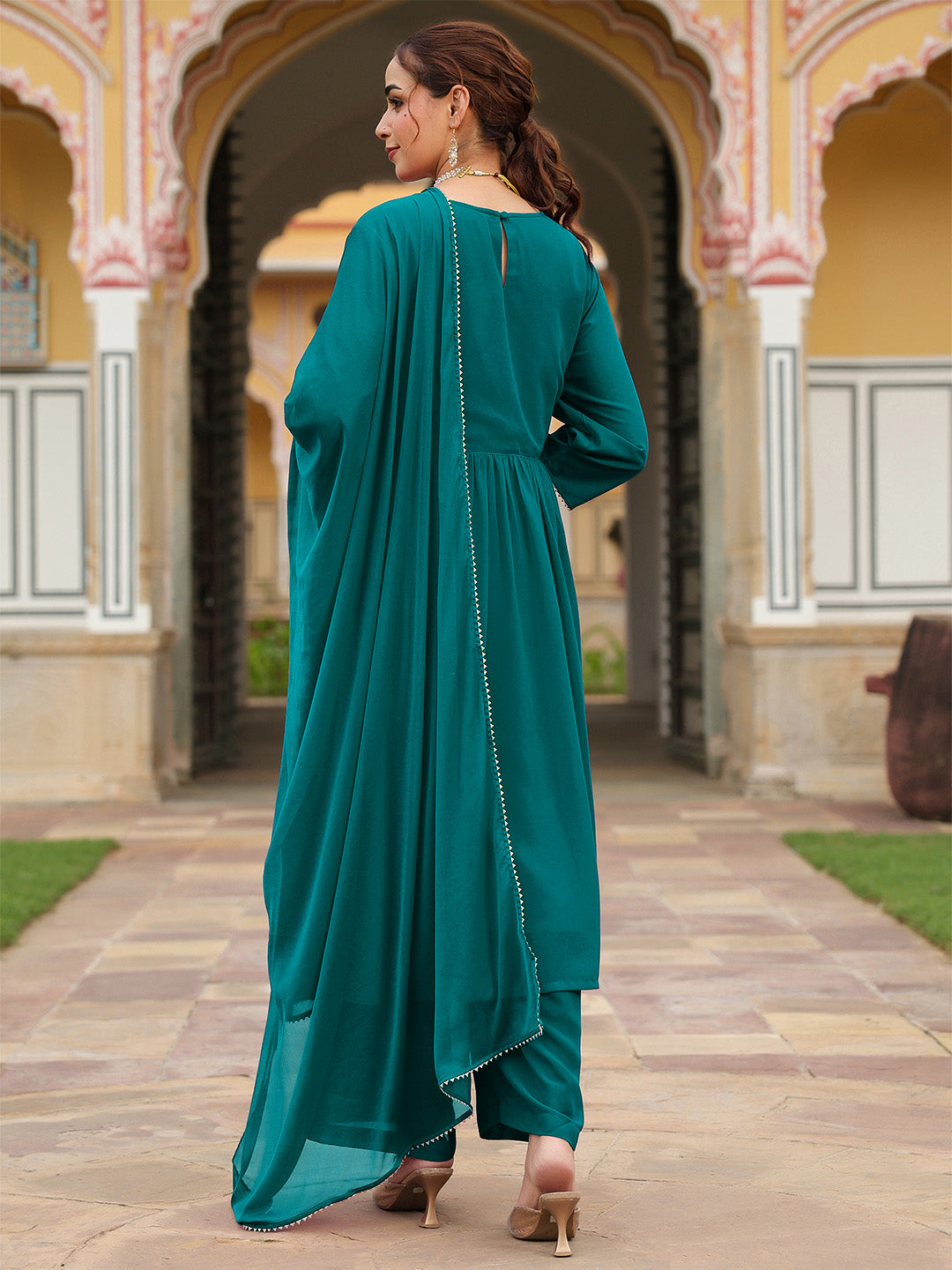 Women's Teal Green Georgette Embroidered A-line Kurta With Palazzo Dupatta Set