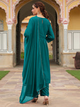Women's Teal Green Georgette Embroidered A-line Kurta With Palazzo Dupatta Set