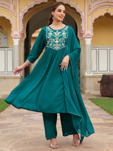Women's Teal Green Georgette Embroidered A-line Kurta With Palazzo Dupatta Set