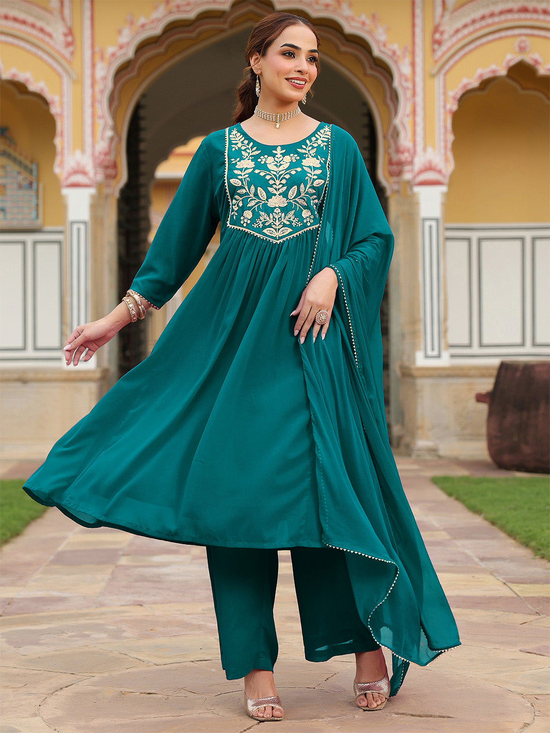 Women's Teal Green Georgette Embroidered A-line Kurta With Palazzo Dupatta Set