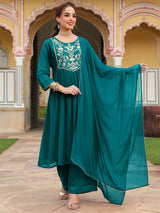 Women's Teal Green Georgette Embroidered A-line Kurta With Palazzo Dupatta Set