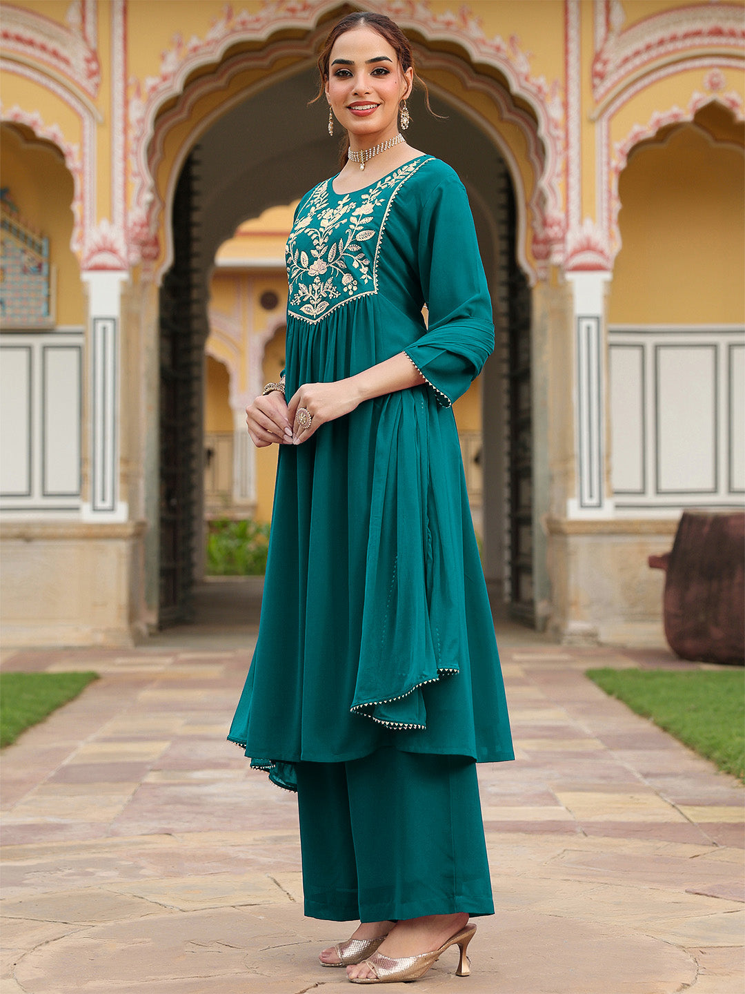 Women's Teal Green Georgette Embroidered A-line Kurta With Palazzo Dupatta Set